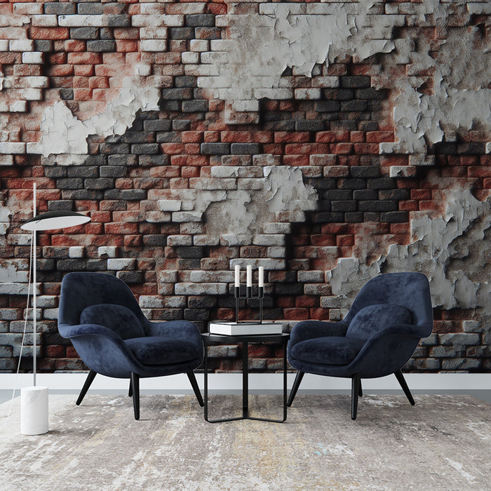 Papier peint imitation brique | Mur avec crépis blanc abimé et briques rouges et noires