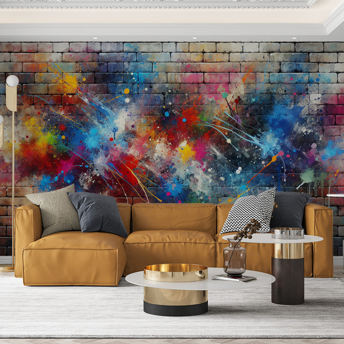 Papier peint imitation brique | Mur avec explosion de peinture colorée