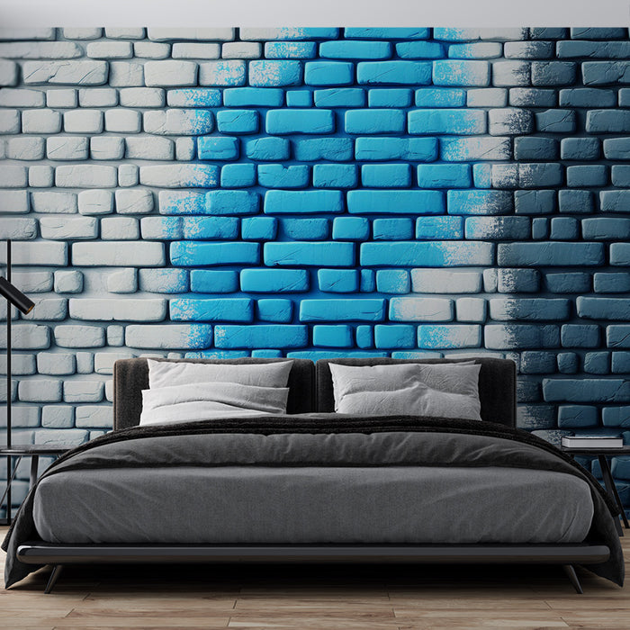 Papier peint imitation brique | Mur de briques colorées en blancs et bleues