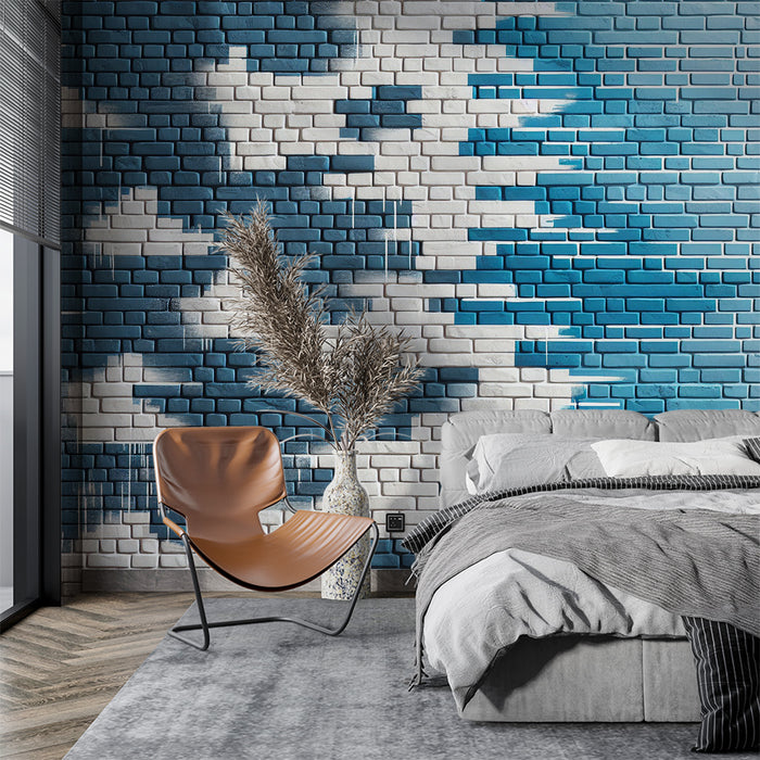 Papier peint imitation brique | Mur de briques colorés bleues avec nuages blancs