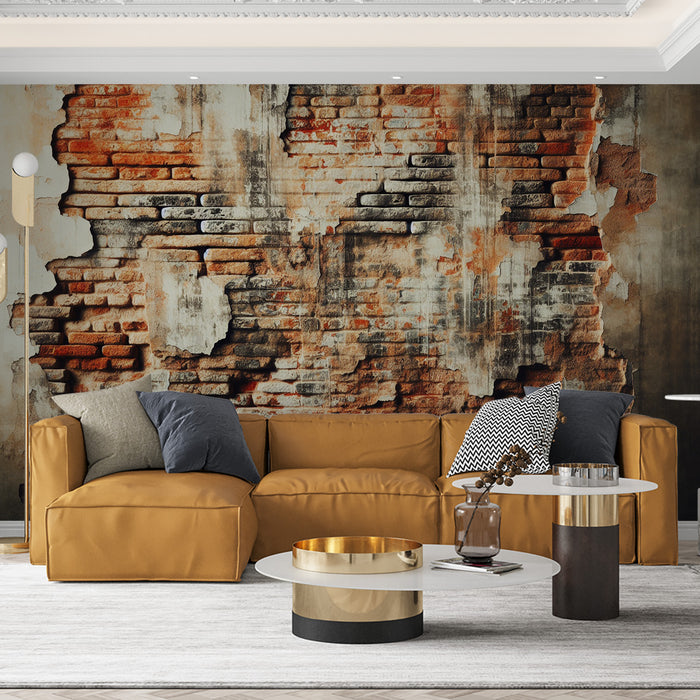 Papier peint imitation briquette | Mur de briques abimés avec crépis blanc