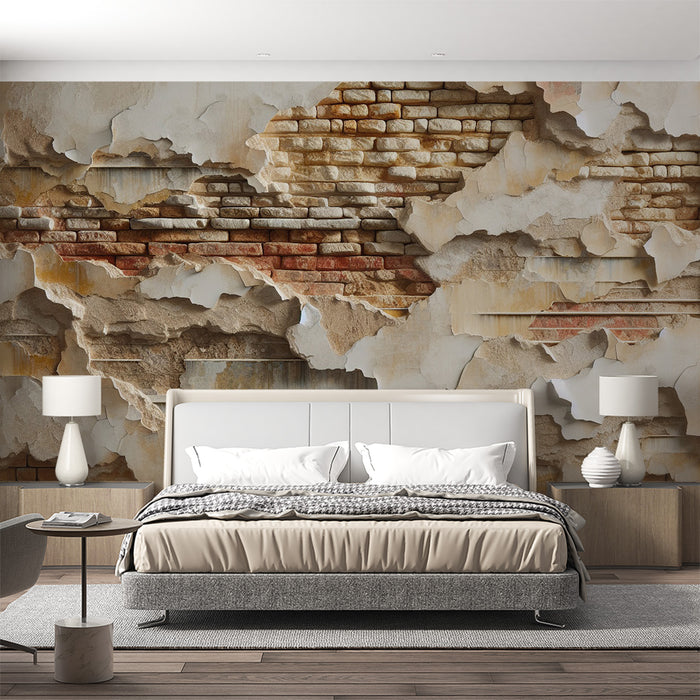 Papier peint imitation briquette | Mur de briques avec crépis délabré