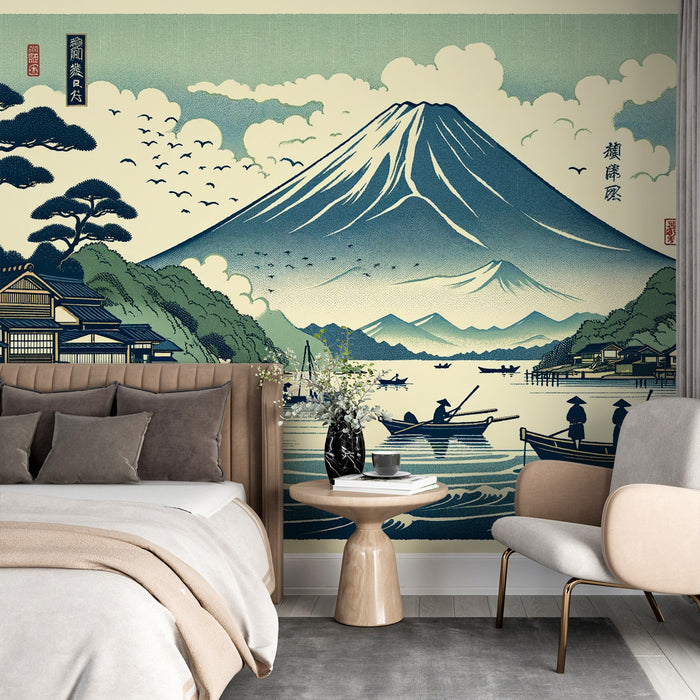Papier peint japonais | Mont Fuji et lac japonais avec des barques