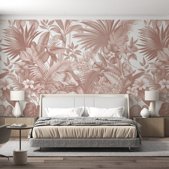 Papier peint jungle terracotta rose | Feuillages massifs et colibris
