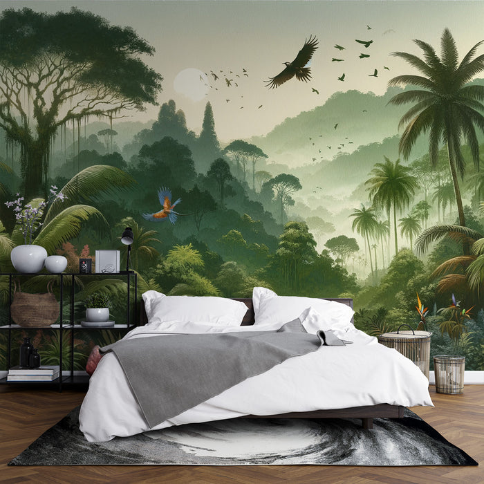 Papier peint jungle tropical | Feuillages et oiseaux