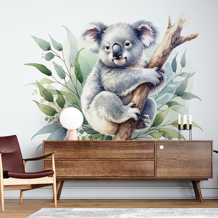 Papier peint koala | Accroché à sa branche en aquarelle
