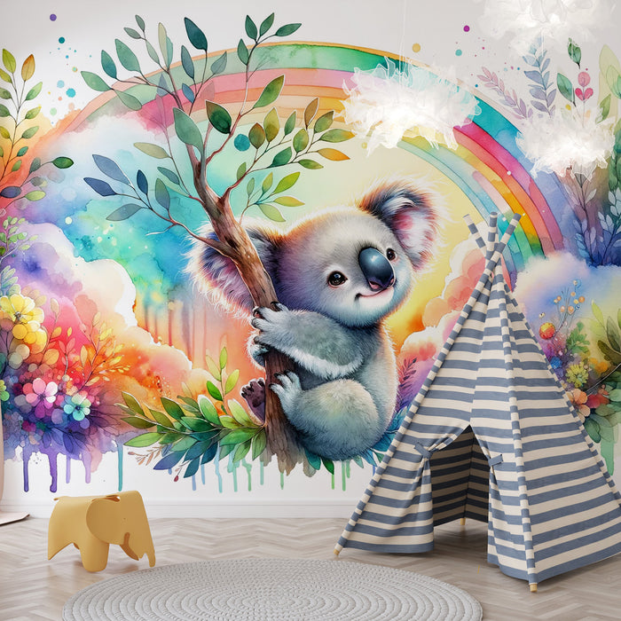 Papier peint koala | Aquarelle multicolore arc-en-ciel et feuillages