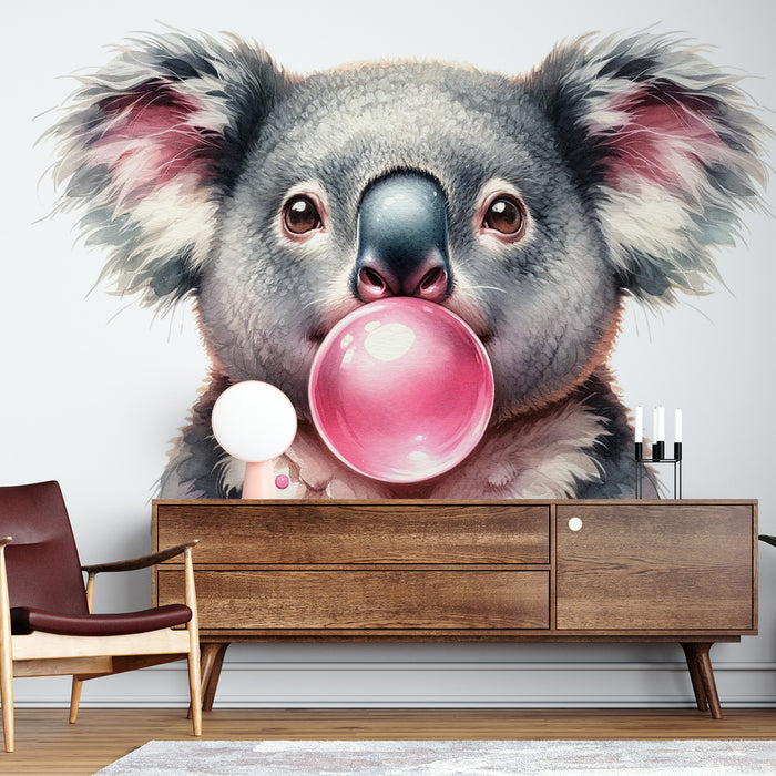 Papier peint koala | Design avec chewing-gum rose
