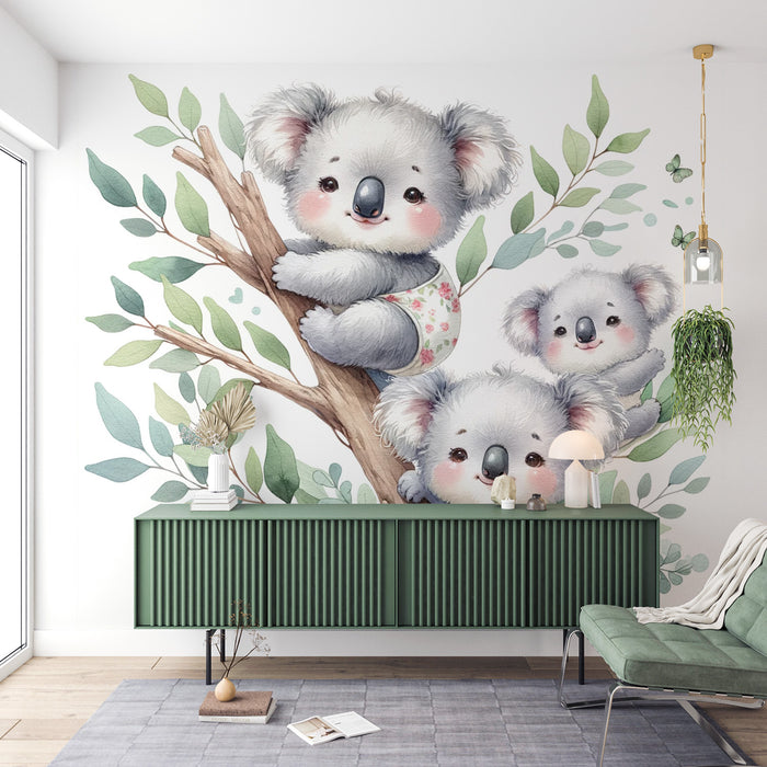 Papier peint koala bébé | Aquarelle de petit koala sur leur branche