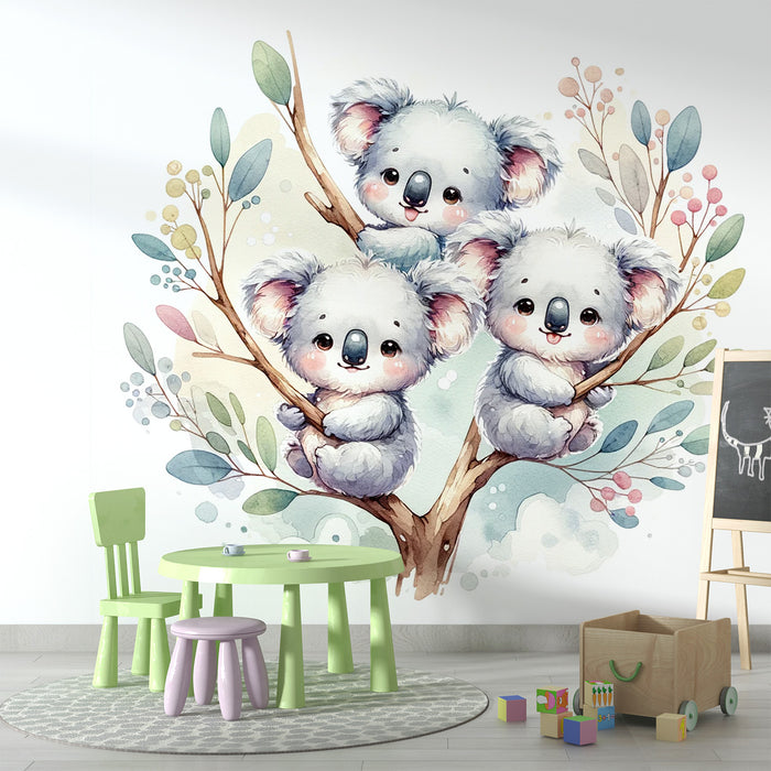 Papier peint koala bébé | Aquarelle de trois bébé koala mignon