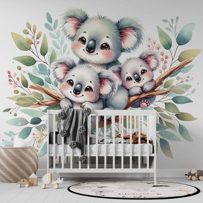 Papier peint koala bébé | Famille de koala mignon et feuillages