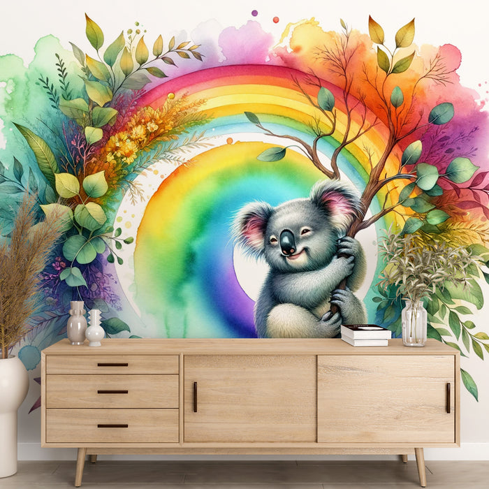Papier peint koala enfant | Aquarelle multicolore avec arc-en-ciel