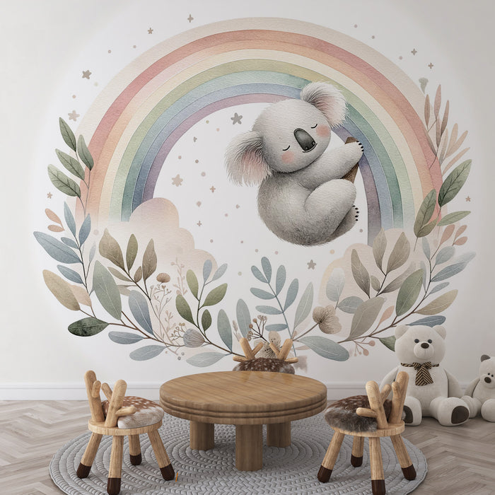Papier peint koala enfant | Aquarelle pastel arc-en-ciel