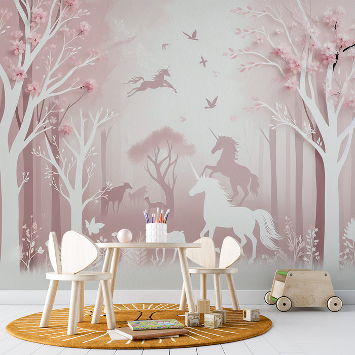 Papier peint licorne | Silhouettes de licorne dans une forêt rose