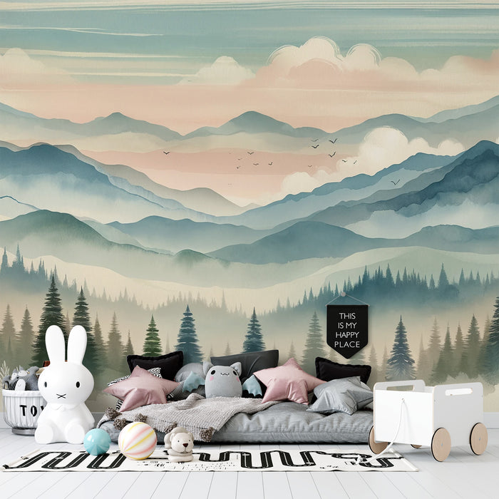 Papier peint montagne bébé | Aquarelle colorée avec forêt et montagne