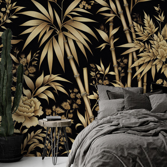 Papier peint noir et or | Bambou et fleurs vintages