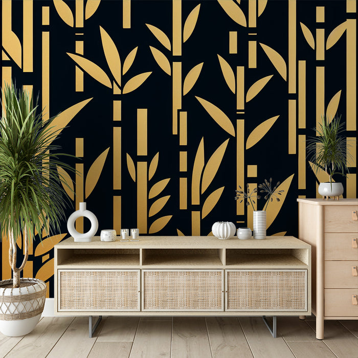 Papier peint noir et or | Illustration de tiges de bambou dorées