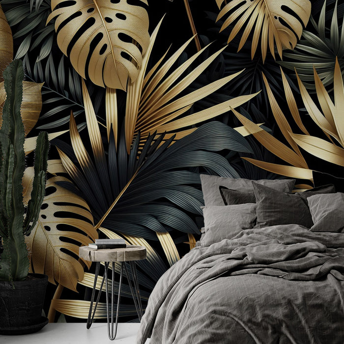 Papier peint noir et or | Monstera et feuilles de palmiers dorées et noires