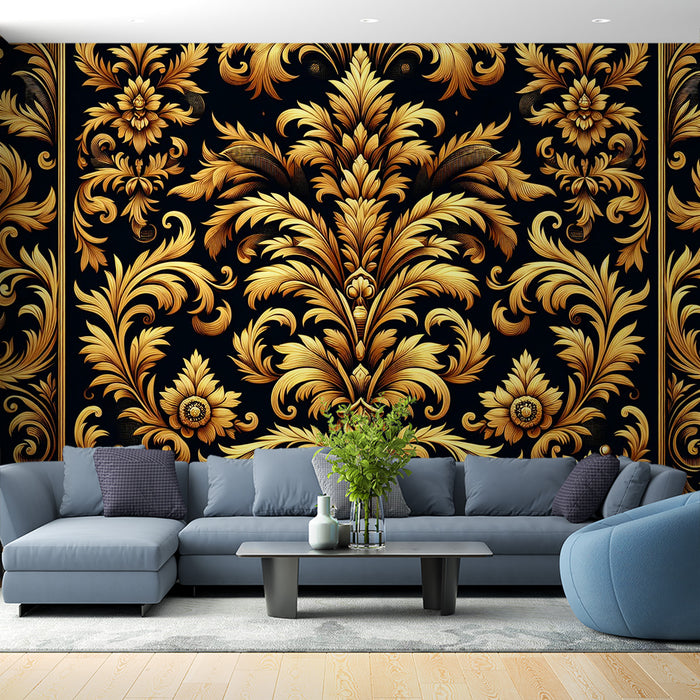 Papier peint noir et or | Style vintage fleurs de lys dorées