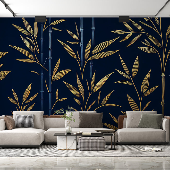 Papier peint noir et or | Tiges de bambou bleues et feuilles dorées