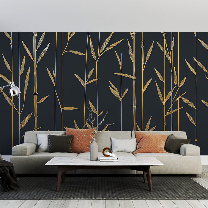 Papier peint noir et or | Tiges de bambou fines et dorées