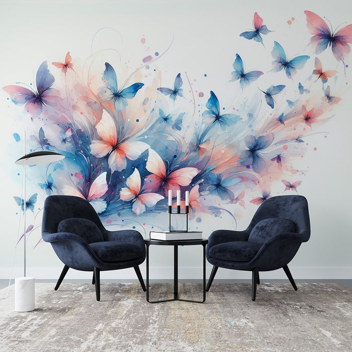 Papier peint papillon | Envolée de papillons en aquarelle rose et bleue