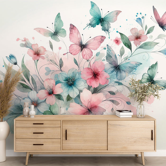 Papier peint papillon | Fleurs et pétales en aquarelle colorée