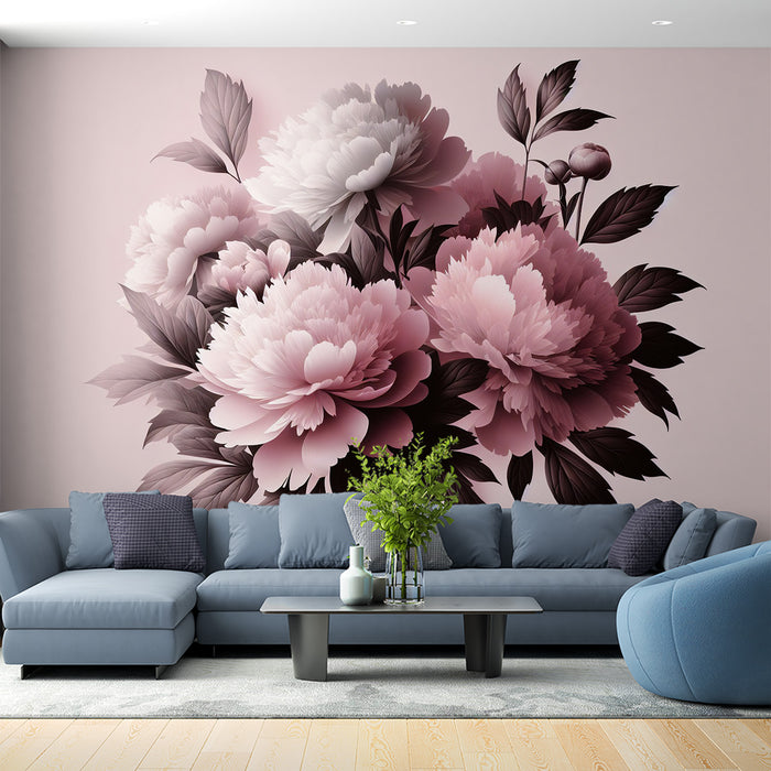 Papier peint pivoine | Fleurs roses avec feuilles noires sur fond rose