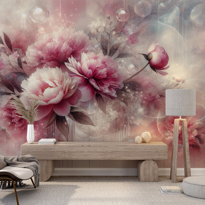 Papier peint pivoine | Fleurs roses et bulles de savon