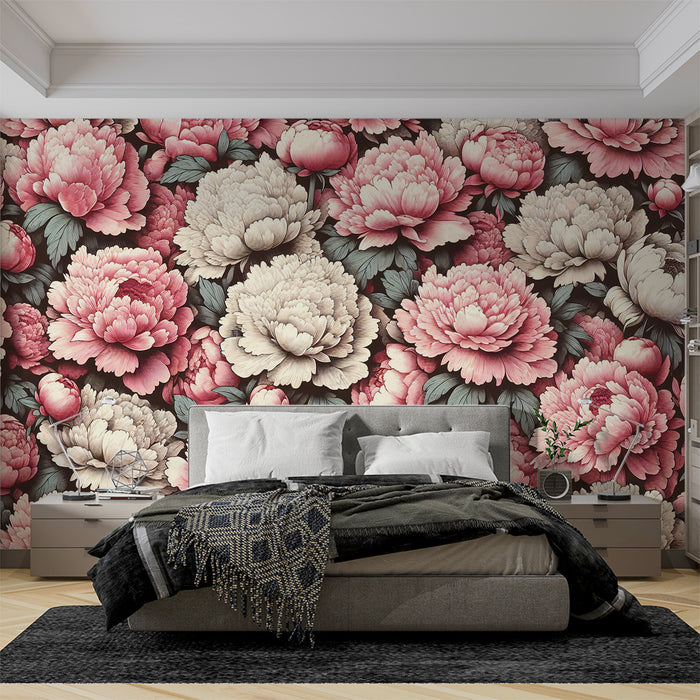 Papier peint pivoine | Style vintage avec fleurs roses et blanches