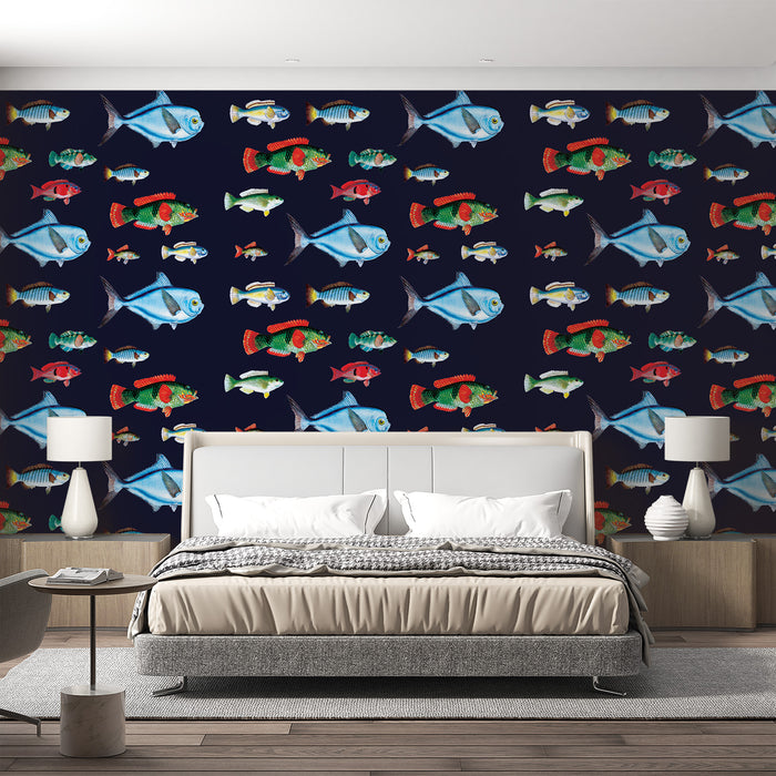 Papier peint poisson | Coloré sur fond bleu nuit