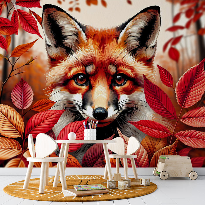 Papier peint renard | Feuilles rouges et forêt d'automne