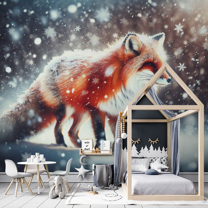 Papier peint renard | Flocons de neige et renard roux