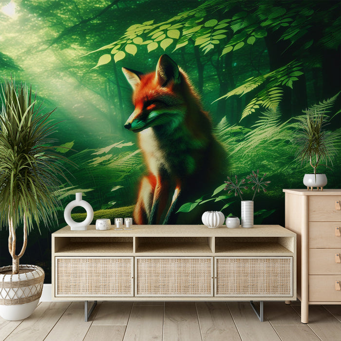 Papier peint renard | Forêt de fougères vertes