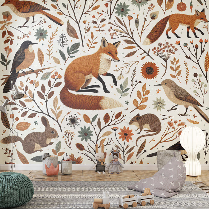 Papier peint renard | Oiseaux, écureuil et fleurs