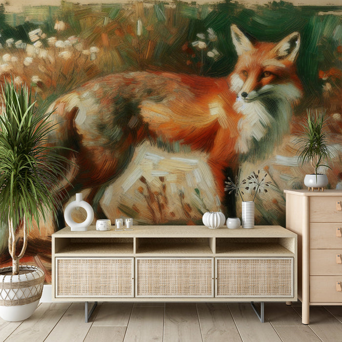 Papier peint renard | Peinture à l'huile dans forêt fleurie
