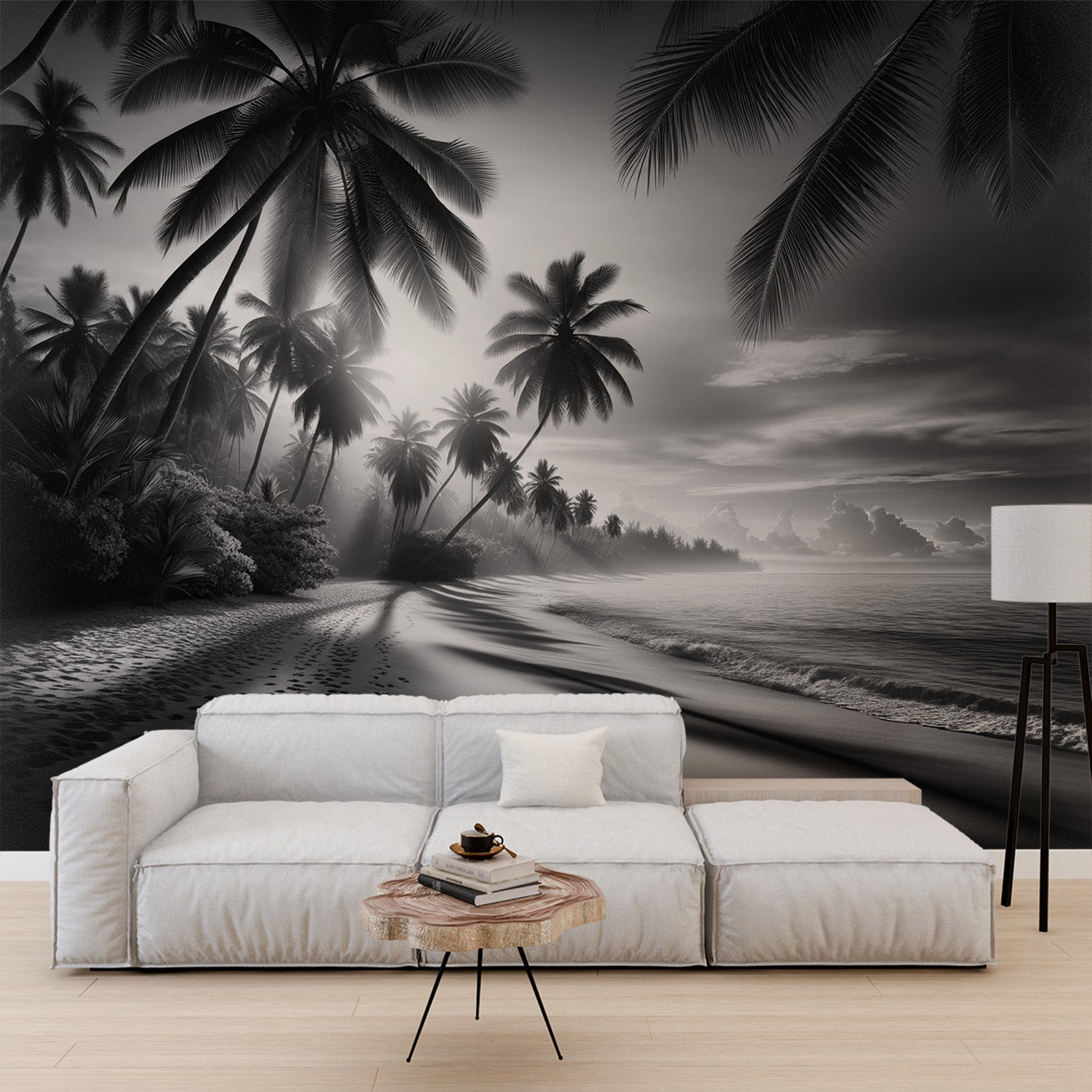 Papier peint tropical noir et blanc Plage tropicale avec plage