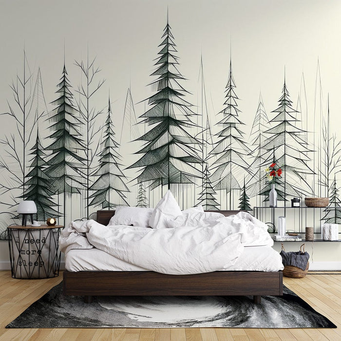 Papier peint arbre | Esquisse d'une forêt de sapins