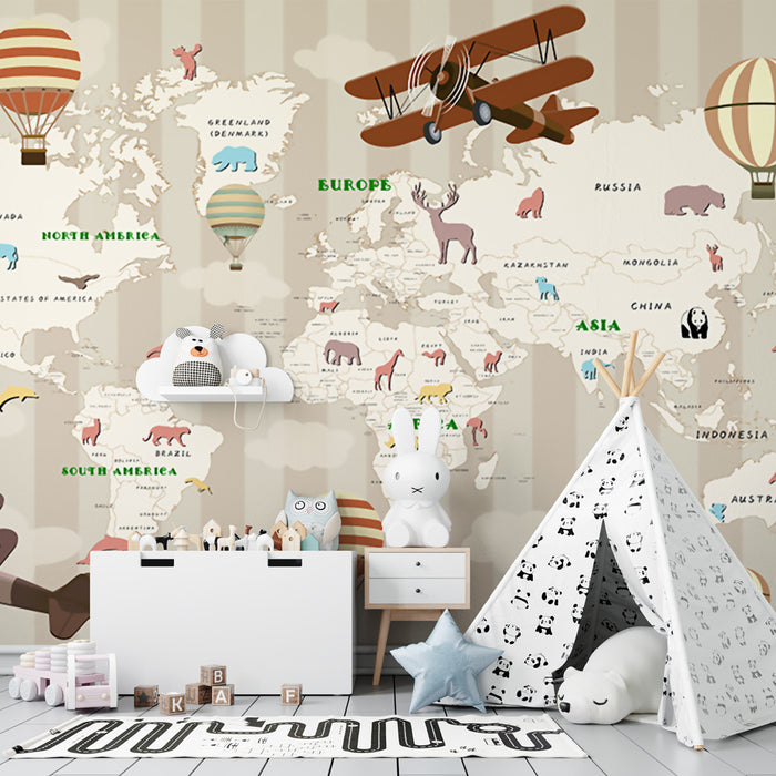 Papier peint carte du monde rayé | Avions, Animaux et Montgolfières
