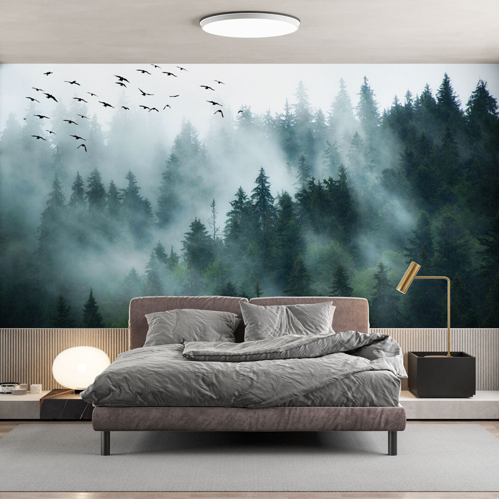 Papier peint Soie Mural Oiseaux Fog Forêt Moderne Salon Chambre à