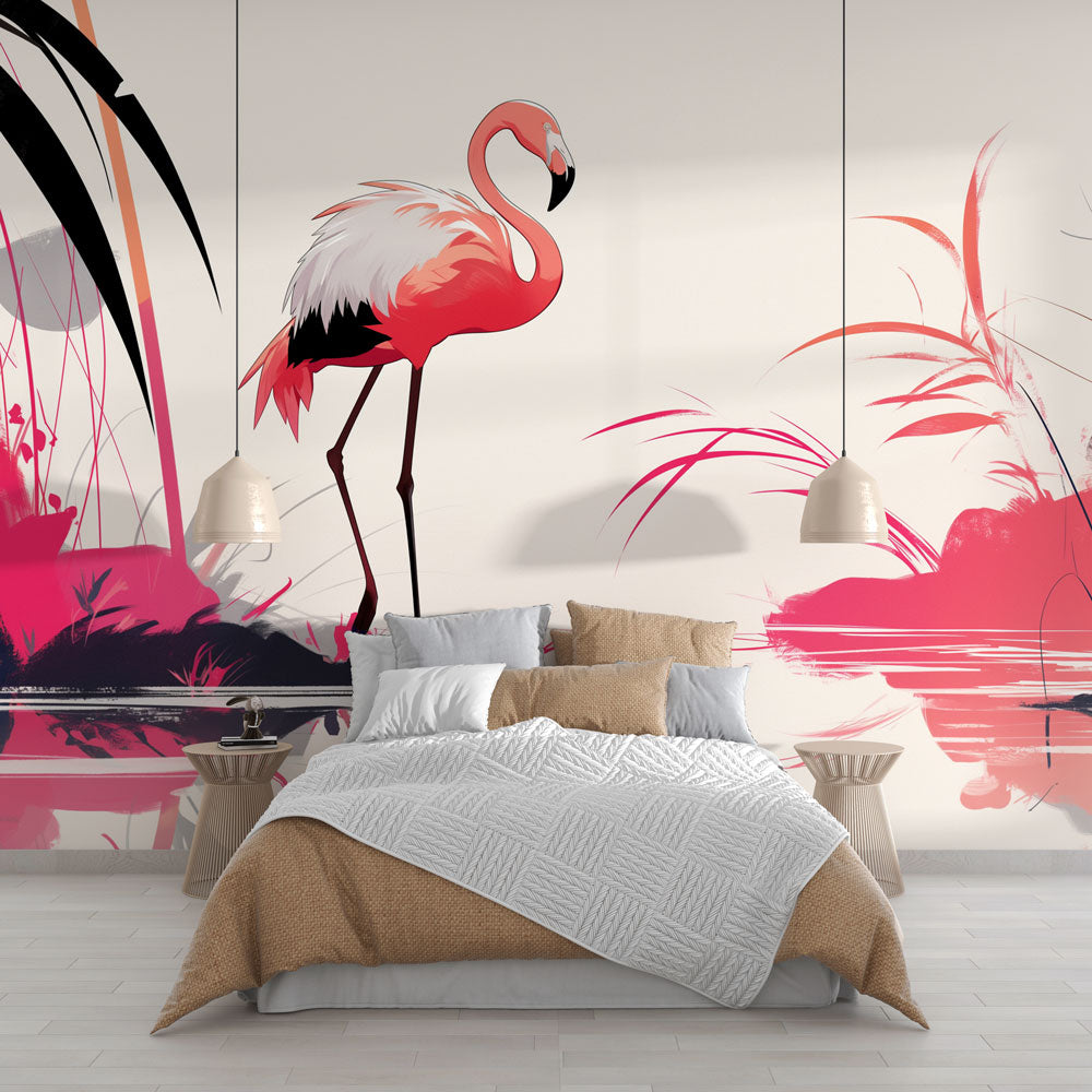 Papier Peint 3D Flamant Rose Pétales – Autocollant Mural Q12999, Décor Photo, Kay