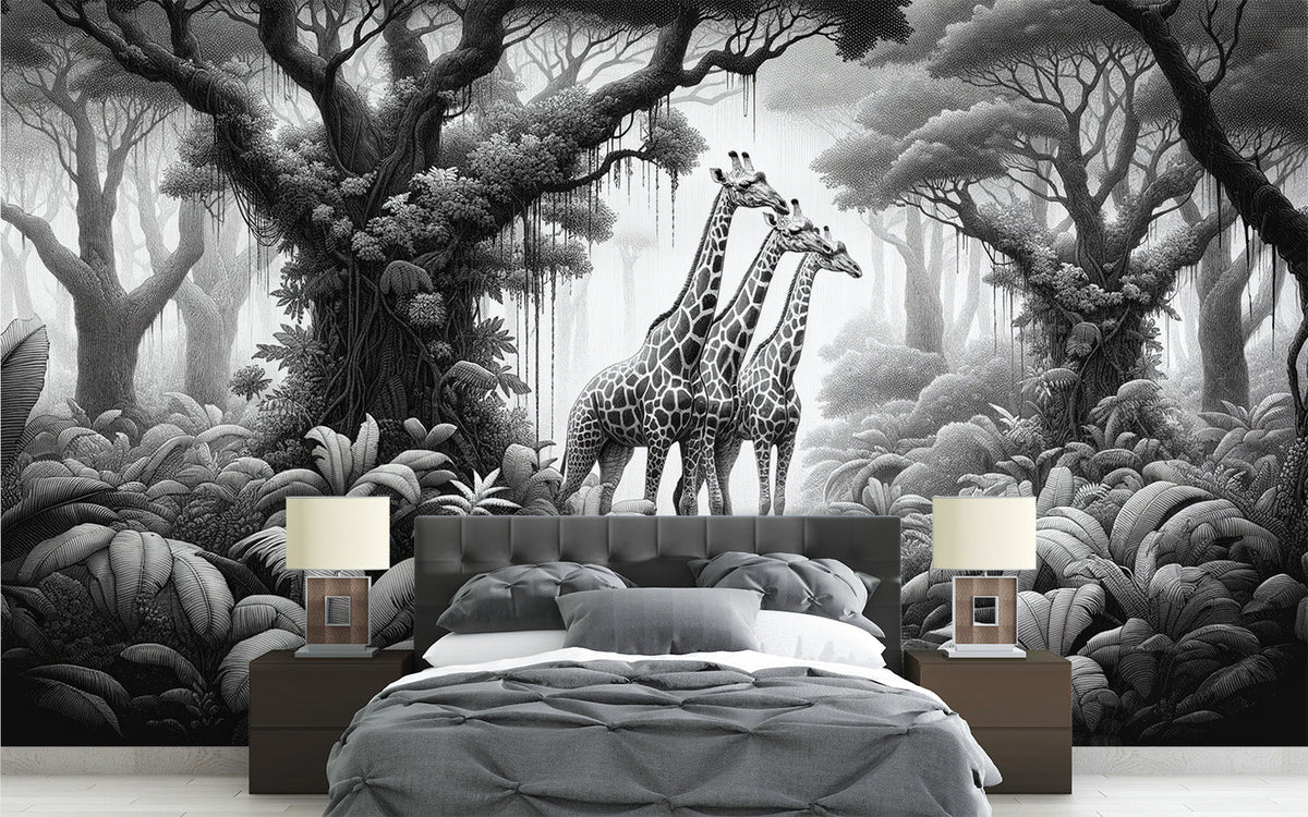Papier peint girafe dans la savane noir et blanc