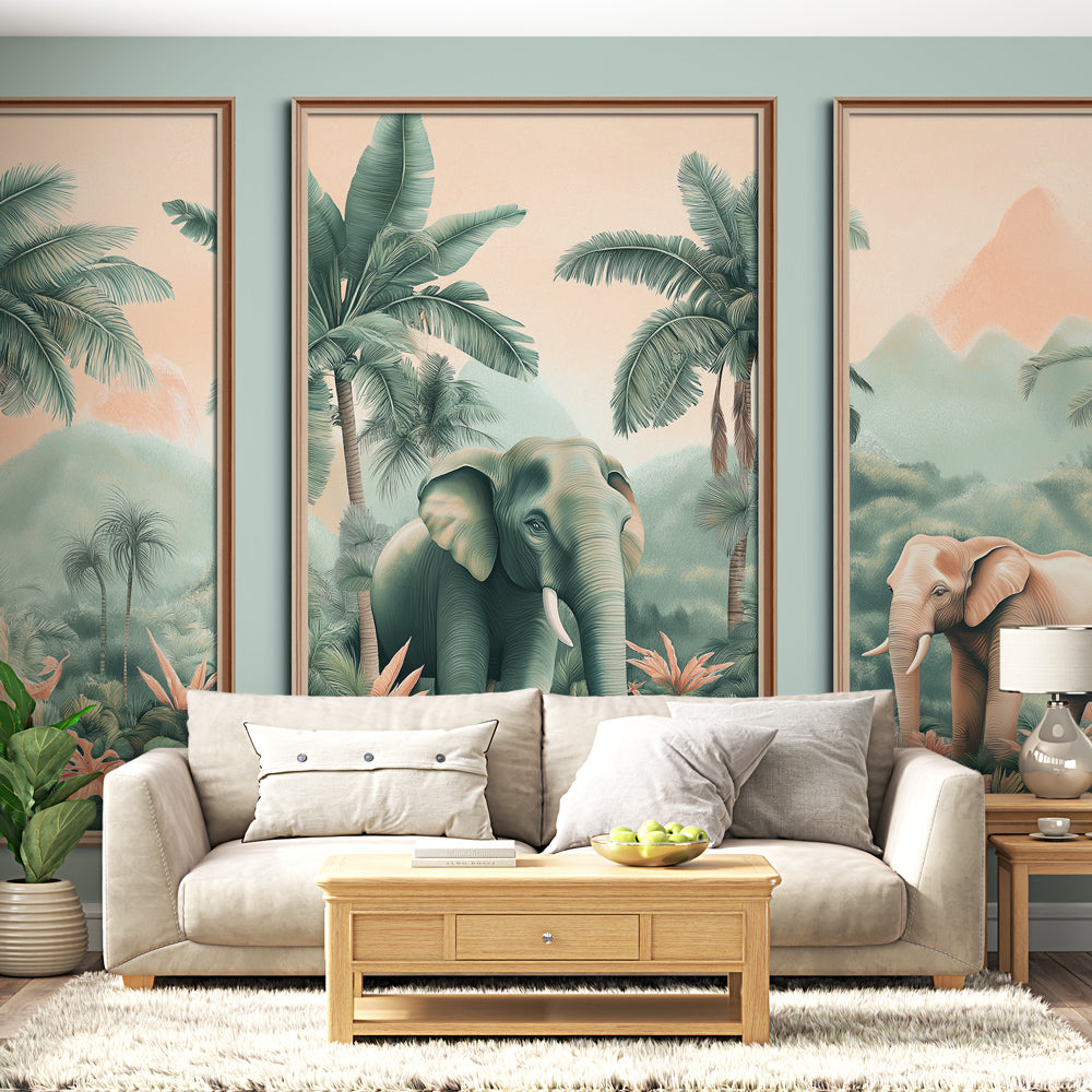 Grande Tapisserie Murale Thaïlandaise – Éléphants à Paillettes Sur Fond Bleu – Fait Main – NEUF