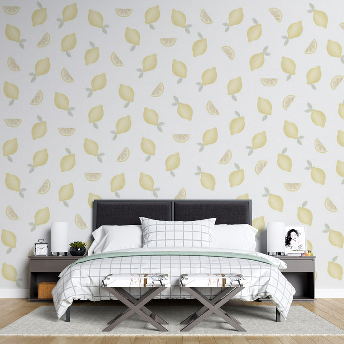 Papier peint citron | Motif de citrons jaunes et tranches sur fond blanc lumineux