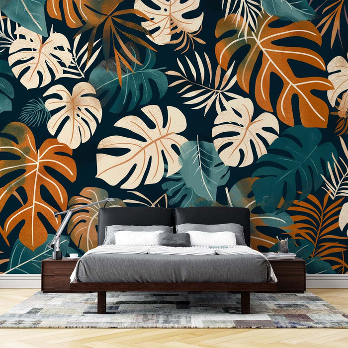 Papier peint tropical avec feuilles de monstera vertes et oranges pour chambre moderne.