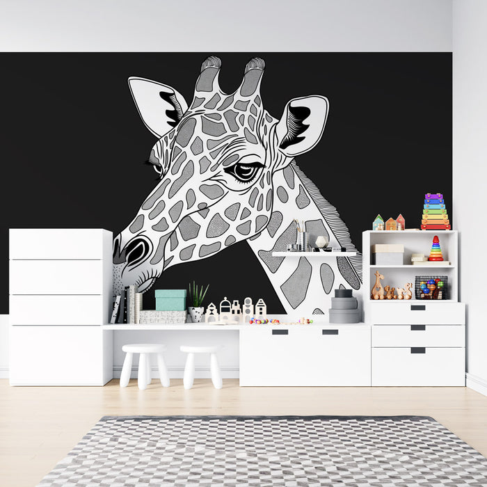 Papier peint coloriage | Girafe en portrait noir et blanc