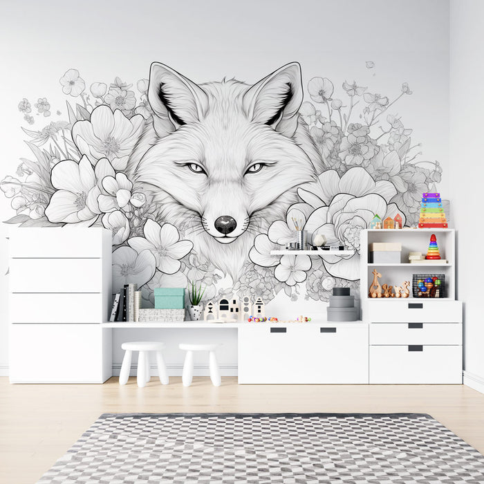 Papier peint coloriage | Tête de renard et fleurs