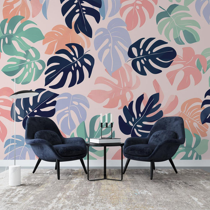 Papier peint tropical avec feuilles de monstera multicolores pour salon moderne