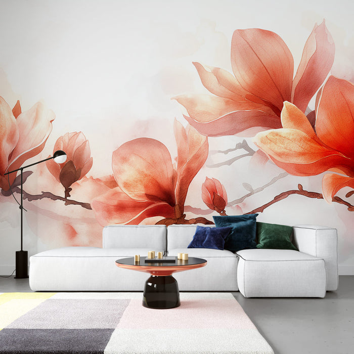Papier peint fleurs | Magnolias en peinture et fond blanc