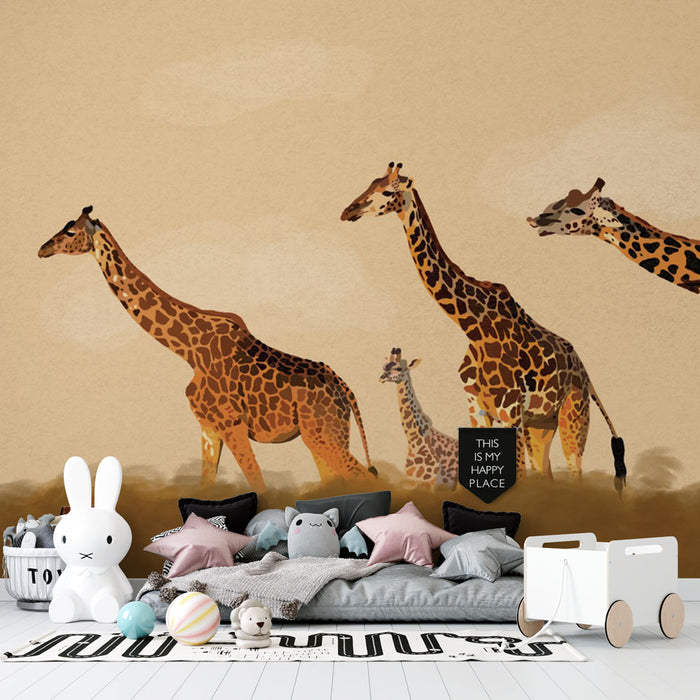 Papier peint girafes | Famille de girafes dans la savane beige